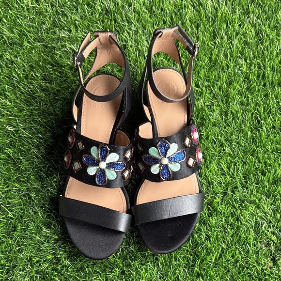 TORY BURCH Estella Wedge Black Beaded Strappy Sandals size 5.5 - Picture 1 of 10